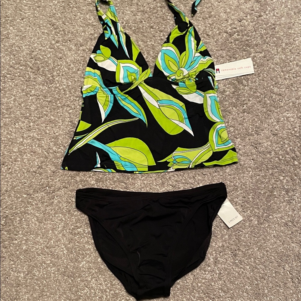 Tommy Hilfiger Green and Blue Leaf Print Tankini, Size 8